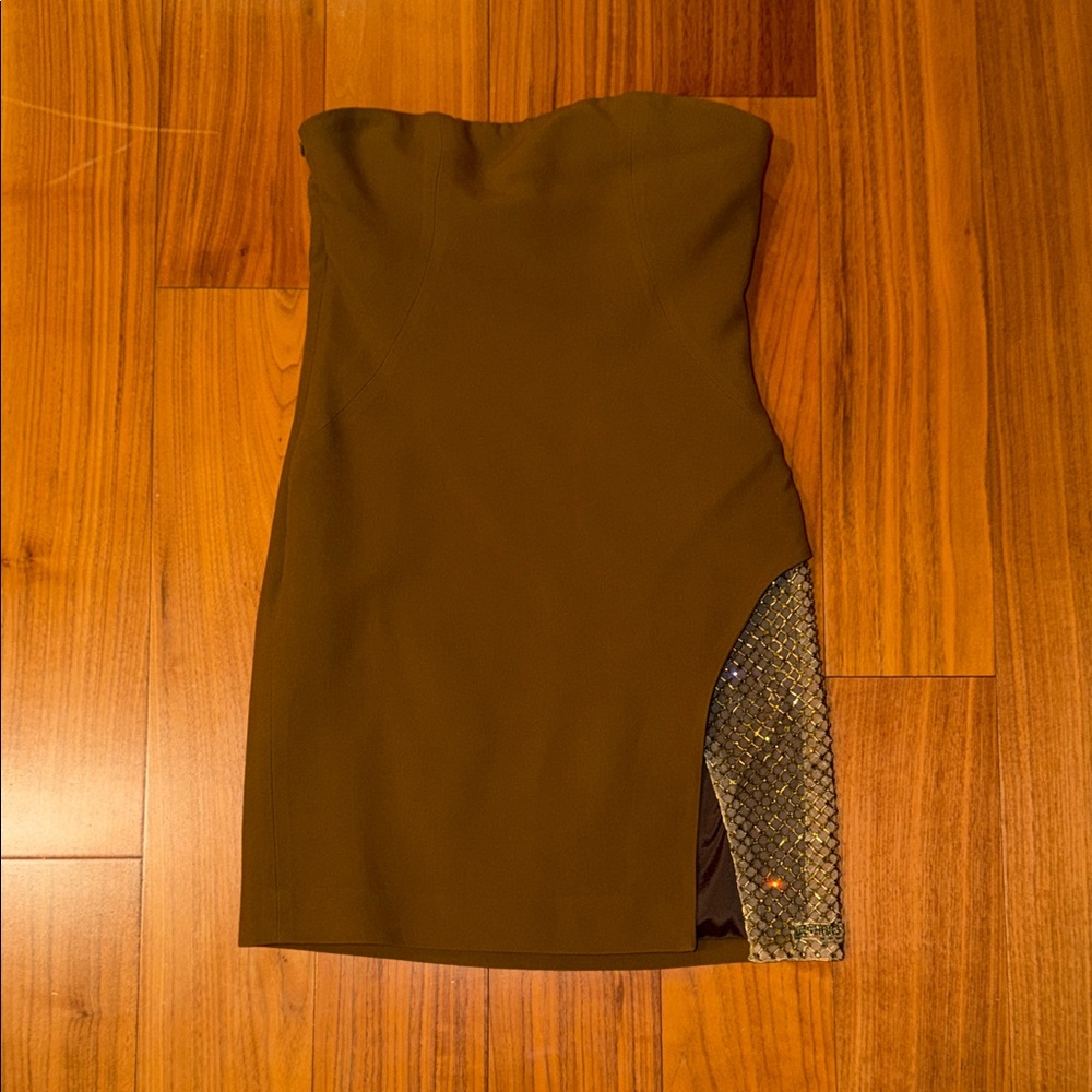 The Attico Strapless Olive Dress with Sequin Detail